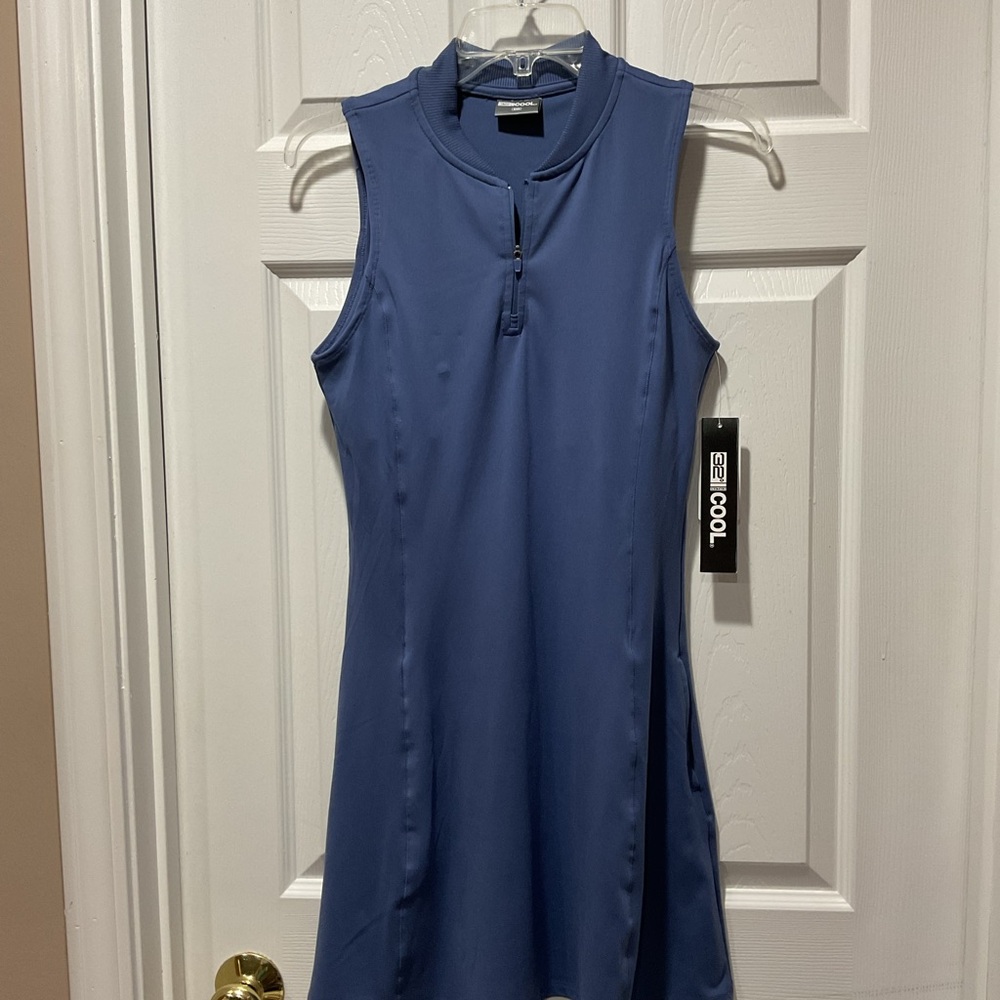 Sleeveless Zip-Front Midi Dress Periwinkle Blue, Princess seams, side pockets